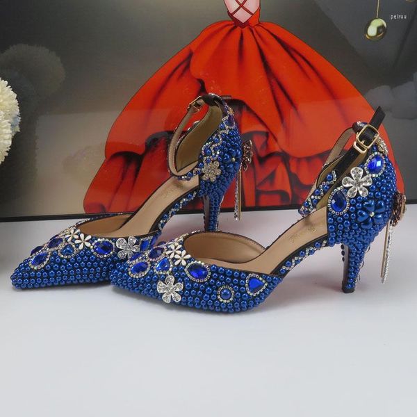 Zapatos de vestir Royal Blue Pearl Fashion Bridals Punta estrecha Mujer Tacón fino Shallow Wedding Party High Pumps Hecho a mano Mujer