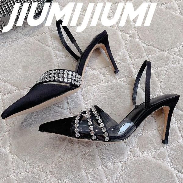 Zapatos de vestir s jiumijiumi mujer hecha a mano dedos puntiagudos tacones altos delgados tacones hojaldres bombas crystal decora fiesta sexy