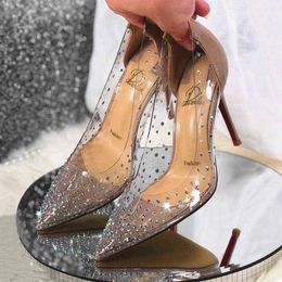 Jurk Schoenen Sandales De Soirée en Cristal Transparante Escarpins Sexy à Talons Hauts et Aiguilles Chaussures d'Été Dorées Giet Femmes 220303