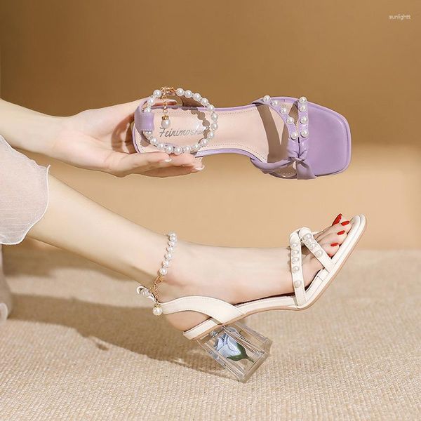 Chaussures habillées sandales 2023 été perles sangle cristal clair talon mode tempérament polyvalent talons hauts belle dame