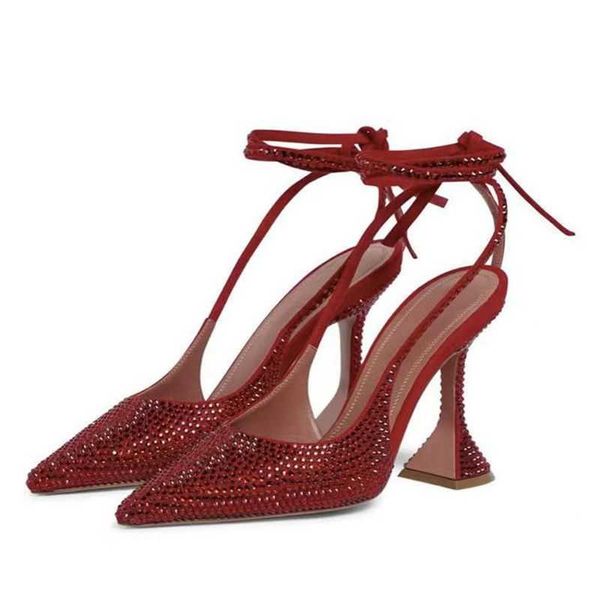 Zapatos de vestir Sandalias Baotou Sandalias de banquete con diamantes de imitación para mujer Verano Nuevo Punta estrecha 8.5 cm Tacones altos Pies descalzos Con cordones Sandalias sexy Rojo 43 Yardas 0111