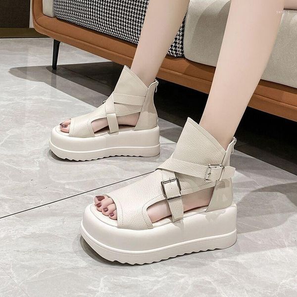 Zapatos de vestir Sandalias para mujer Verano 2023 Moda Punta redonda Abierto Casual Plano Diseñador Cuña Sandalia Cremallera trasera Blanco Mujer