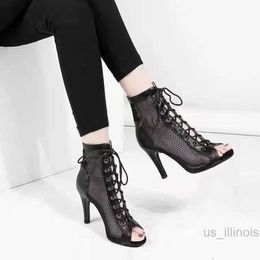 Chaussures habillées sandales talons en maille creuse chaussures pour femmes été 2022 tendance noir à lacets Sexy Peep Toe bottes talons aiguilles Jazz danse chaussures femmes
