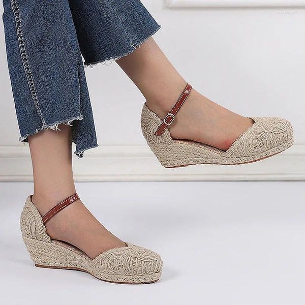 Robe chaussures sandales femmes tressé espadrille bouton bride à la cheville coin lin été 6cm talon plate-forme espadrilles