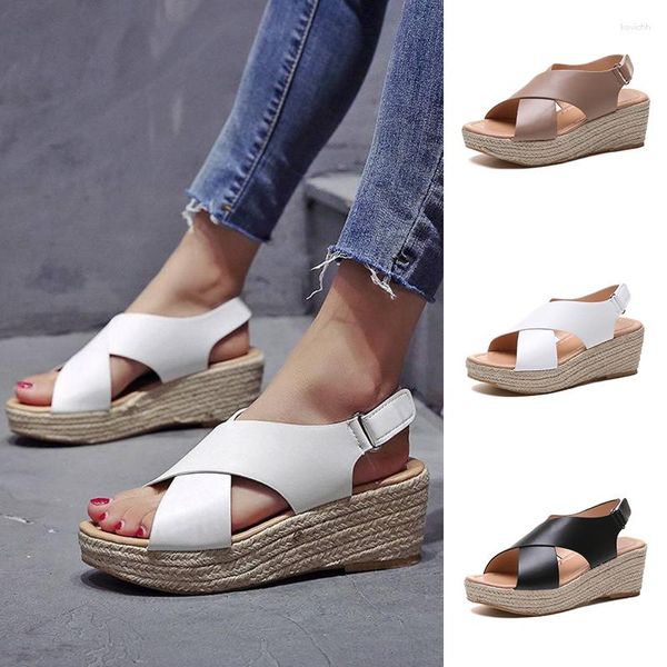 Chaussures habillées sandales femmes corde bout ouvert grande taille talon compensé poisson bouche femmes romain croisé paille tressé 2023