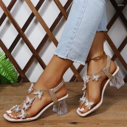 Zapatos de vestir Sandalias Moda de verano para mujer Flores de mariposa brillantes Rhinestone Raíz transparente Punta abierta