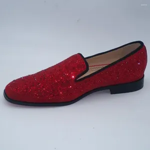 Dress Shoes Sapato Social Masculino Classic Handmade Red Black Leather Slip op Loafers Crystal Rhinestone Glitter Office Mens