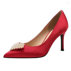 Zapatos de vestir Satén Amor Perlas Tacones altos Mujer Punta roja Novia Damas Blanco Boda Bombas Stiletto