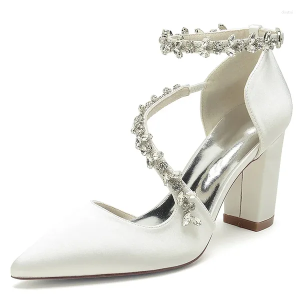 Robe chaussures satin strass bloc talon mariage pour mariée bout pointu femmes mariée talons épais bal soirée pompes