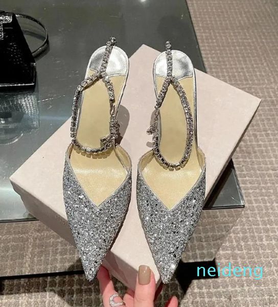 Robe chaussures paillettes strass chaîne femmes talons hauts 2023 marque d'été bout pointu stiletto cristal mot ceinture banquet