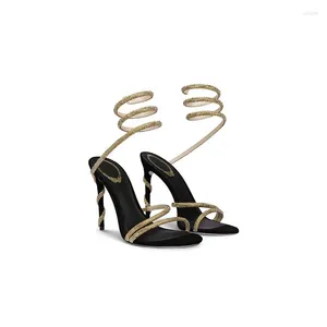 Chaussures de robe Serpentine Winding Sandales Mode d'été Femme 2023 Noir Réseau Rouge Sexy Strass Stiletto Talons