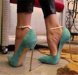 Kleding schoenen sexy enkel goud riem metalen mes hakpompen vrouwelijk groen blauw fuchsia suede hoge hakken puntige teen avond