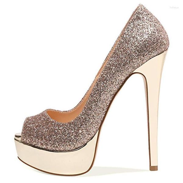 Robe chaussures sexy paillettes peep toe talons femmes stiletto 2023 paillettes scintillantes plate-forme unique sans lacet élévation mariage dames pompes