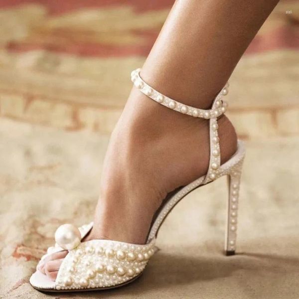 Zapatos de vestir Sexy Tacón alto Peep Toe Sandalias Mujeres Hecho a mano Pearl Stiletto Bombas Elegante Fancy Ladies Boda Nupcial