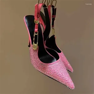 Robe chaussures sexy talons hauts pompes en cristal femmes 2024 mode rose pointu diamant brillant fête sangle arrière dame