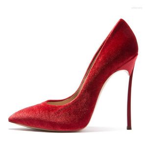 Dress Shoes Sexy High Heel Platform Pumps Women Pointed Stiletto 12 cm Red Carpet Metal Velvet Wedding