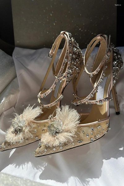 Zapatos de vestir Sexy Malla Pluma Tacones altos Tobillo Correa Bombas Mujeres Punta puntiaguda Hebilla Sandalias de encaje Damas Crystal Sweety Fairy Bride