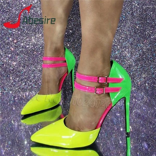 Robe chaussures sexy discothèque talons hauts fluorescents couleurs mélangées bout pointu cheville boucle stiletto mode fête grande taille femmes