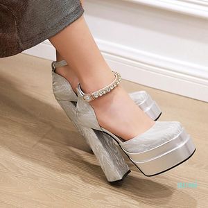 Kleding schoenen sexy platform vrouw pompen zomers sandalen klassiek vierkante teen dik hoge hakken mode feest trouwschoen goud zilver