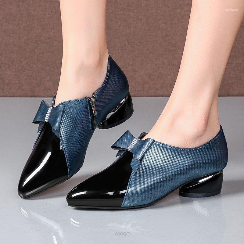 Dress Shoes Sexy Pumps Women Buckle-knot Mid Heels Spring Autumn Patent Leather Comfort Women's Pointed Office Work Zipper