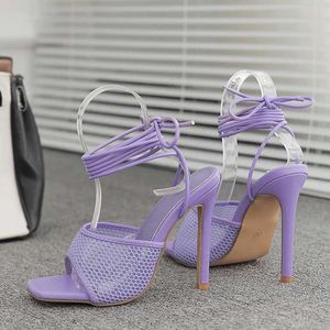 Robe chaussures sexy violet orange maille femmes sandales été mode carré bout ouvert cheville croix à lacets talons stiletto creux robe chaussures pompes h2404015zgi