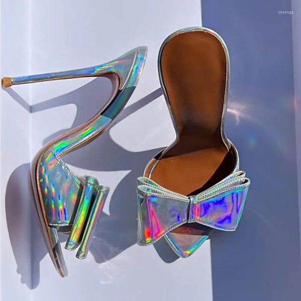 Chaussures habillées arc-en-ciel sexy holographiques irisés arc mules pointues glisser sur des talons minces pantoufles d'été