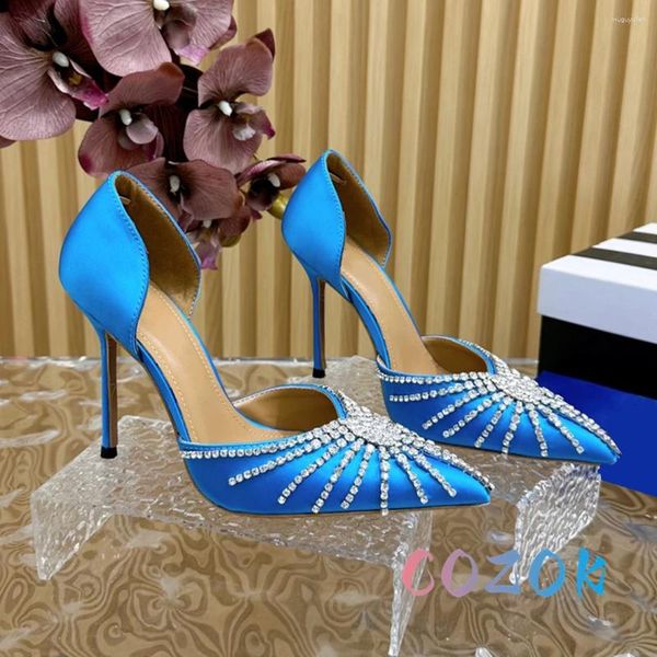 Zapatos de vestir Sexy Sky Blue Seda Punta puntiaguda Cadena de cristal Hueco Tacones altos Forro de cuero Tamaño grande Boda de mujer