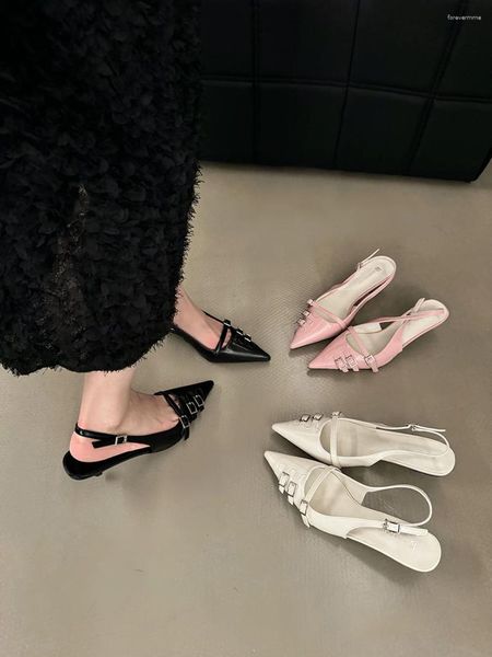 Zapatos de vestir Sexy Slingbacks Banda estrecha Hebilla Correa Bombas Mujeres Punta puntiaguda Tacones finos Fiesta de boda Mula