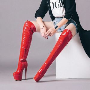 Kledingschoenen Sexy Dij Hoge Laarzen Voor Vrouwen Platform Fetish Stripper Dans Winterschoenen Dame Hoge Hakken Over De Knie Laars Rood Wit Zwart 231113