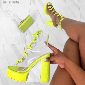 Chaussures habillées sexy transparent PVC Green Platform Boots Femme Fashion Fashion High Quality Roma Volant talons grossiers printemps / automne Peep Toe Lady H240403