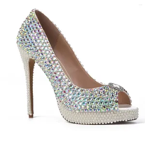 Dress Shoes Sexy Women Crystal Peep Toe High Heel Heel Heels Chic Diamonds Platform Heeled Wedding EU35-41 Size By500