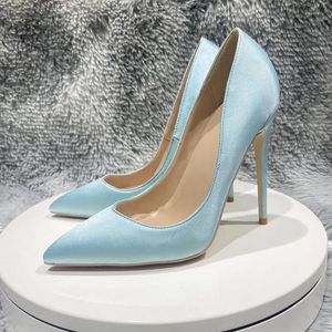 Geklede schoenen Sexy dames satijnzijde Hoge hakken 12 cm smal puntig lichtblauw groen bruiloft