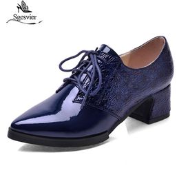 Chaussures habillées Sgesvier automne 2023 femmes talon épais bout pointu pompes mode à lacets printemps automne femme bleu vin rouge noir G600