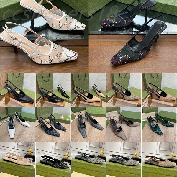 Chaussures habillées chaussures coupées peu profondes sandales sandales mid talons noirs en maille g cristaux étincelants imprimer des chaussures à talons hauts en cuir