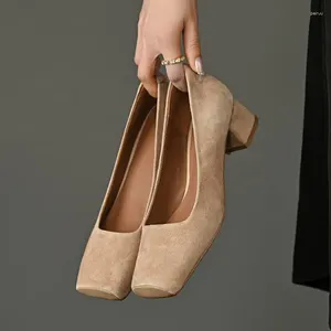 Sapatos de vestido de pele de carneiro genuíno couro mulheres saltos quadrados dedo do pé simples moda confortável primavera grosso salto alto fácil de andar
