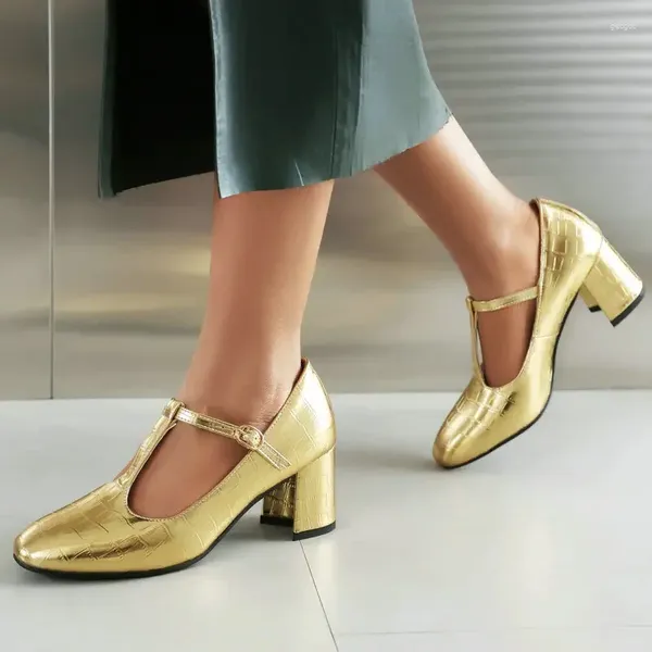 Zapatos de vestir brillante color dorado plateado punta redonda correa en T para mujer tamaño grande primavera tacones altos bombas lady mary janes