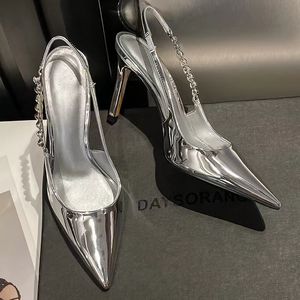 Chaussures habillées Talons hauts brillants Slingback Argent Femmes Pompes Sandales en cristal métallique Bout pointu Chaussures à talons aiguilles Chaussures de soirée Femme 230825