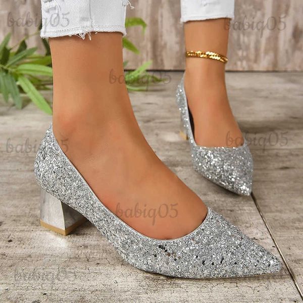 Chaussures habillées Paillettes brillantes pompes argentées femmes 2023 automne simple sans lacet chaussures à talons hauts femmes bout pointu chaussures à talons épais chaussures de fête de mariage T231125