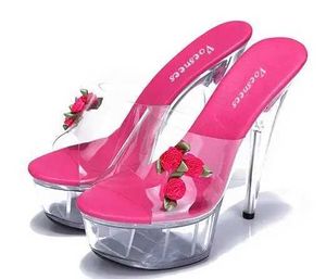 Robe chaussures chaussure femme plate-forme sandales été multicolore rose fleur diapositives imperméable 15cm discothèque sexy à talons hauts plus-taille 34-43 h24032510