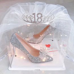 Zapatos de vestir Zapatos para niñas Tacones altos Rhinestone Mujer elegante Vestido de tacón Arco nupcial dulce Stiletto Estilo princesa Regalos de cumpleaños Adultos