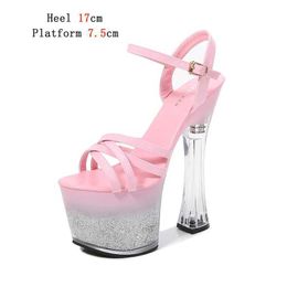 Shuzumiao 2021 Nieuwe Platform Sandalen Vrouwen Zomer Sexy Vierkante Hak Kruis Riem Hoge Hakken 17 Cm Bling Dames Strip pole Dance H240321B88E