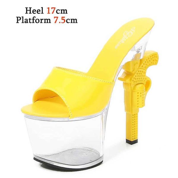 Zapatos de vestir Shuzumiao Sexy Gun Heel Zapatillas Mujeres Patente Cuero 2021 Verano Nuevo Diapositivas exteriores Plataforma transparente Tacones altos1DDC H240321