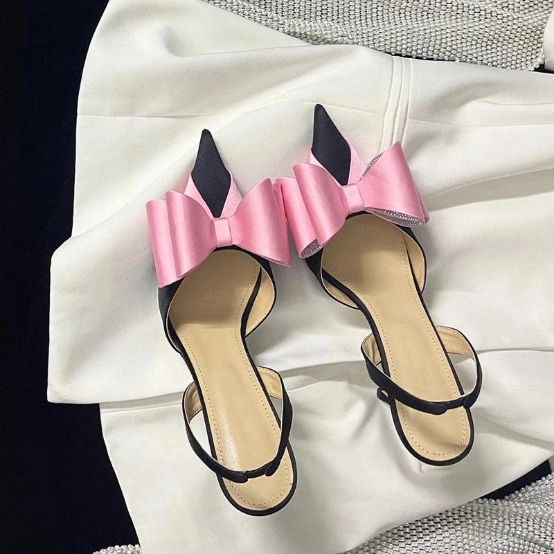 Dress Shoes Silk Bow And Rhinestone High Heels Set French Style Socialite Pointed Thin Hollow Toe Sandals