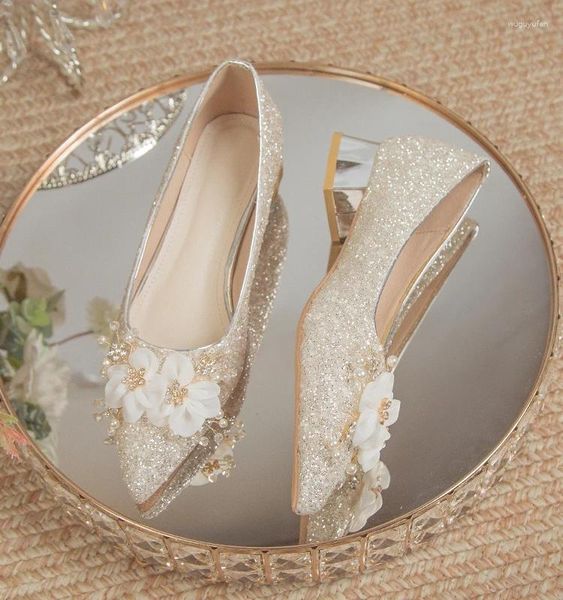 Robe chaussures argent mariée mariage talons épais hauts pour les pieds non fatigués enceintes maître cristal