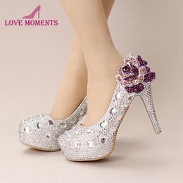 Dress Shoes Silver Crystal Wedding Handmade Small Rhinestone Platform Bridal met Purple Rose Party Prom Pumps Plus Maat