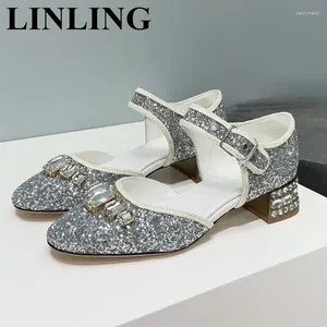 Dress Shoes Silver Glitter Crystal Heels Dames Fashion One Buckle Strap Ladies Pumps Bling Round Toe Mary Janes Wedding Party