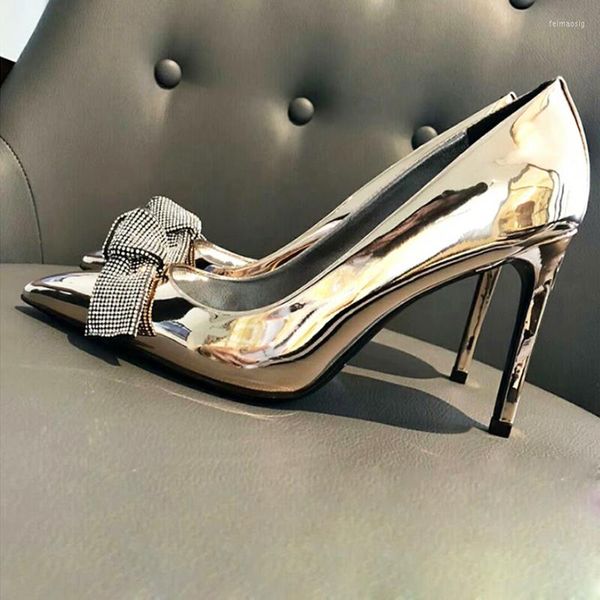 Robe chaussures argent or bling strass noeud papillon pompes dames talons fins slip-on mariage femme bal fête cristal haut