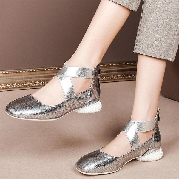 Zapatos de vestir Plata Gris Mujer Tobillo Correa cruzada Cuero genuino Zapatos de tacón bajo Mujer Punta cuadrada Plataforma Oxfords Casual