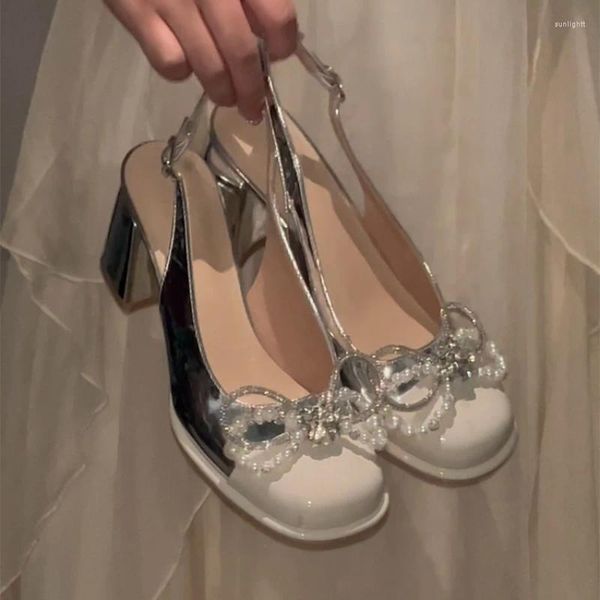 Robe chaussures argent talons hauts Mary Jane femmes strass Bowknot sandales à talons épais été pompes de mariage élégantes