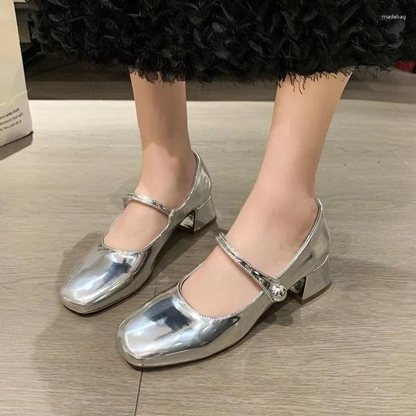 Robe chaussures argent bout carré Mary Jane pour femmes 2024 printemps bouche peu profonde talon épais décontracté semelle souple marche